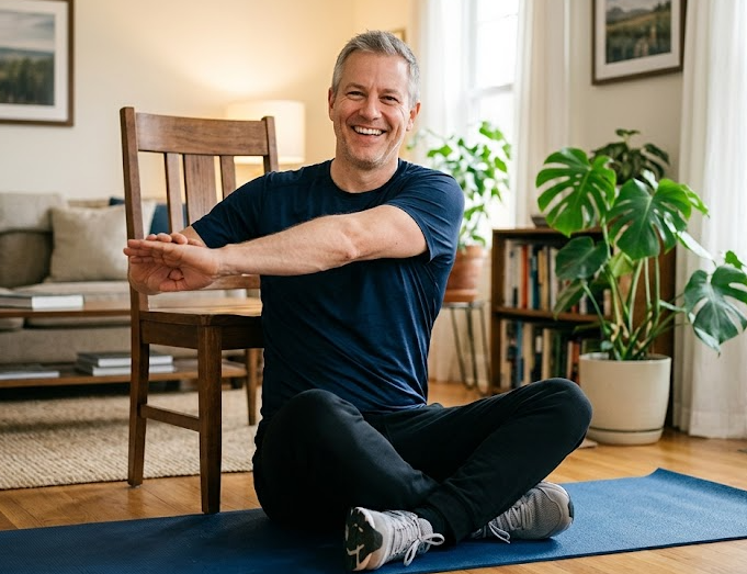 Moški pri vadbi z lastno težo v svetlem fitnes studiu